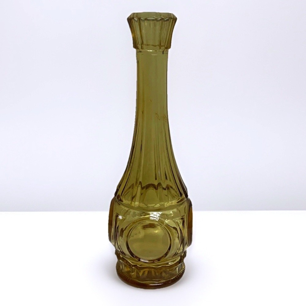 Vintage Amber Glass Bud Vase Mid Century Modern Ribbed Medallion 9 Inch Tall
